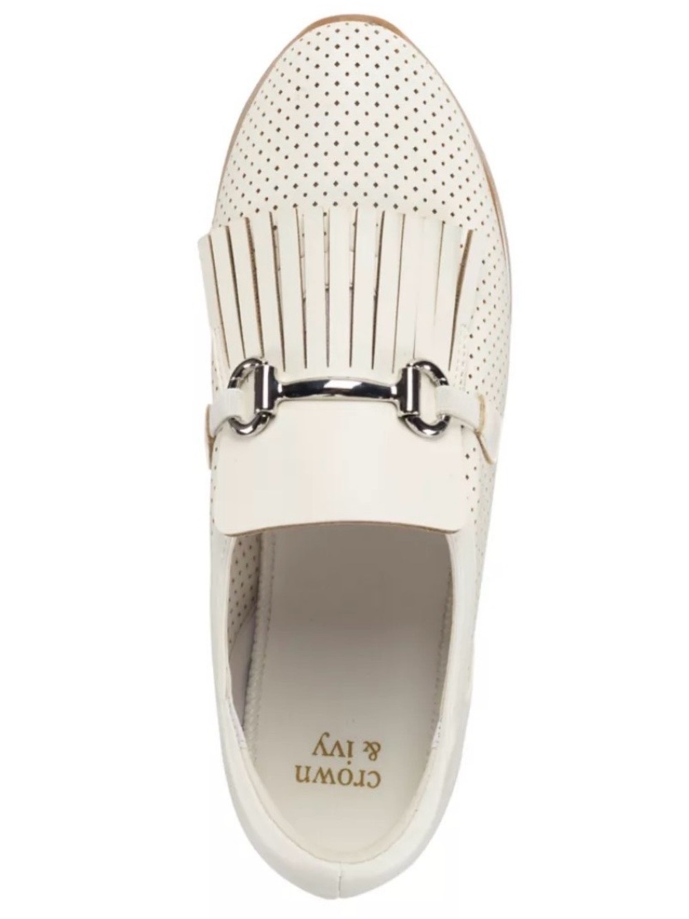crown & ivy White Perforated Kiltie Loafer with Silver Bit Detail